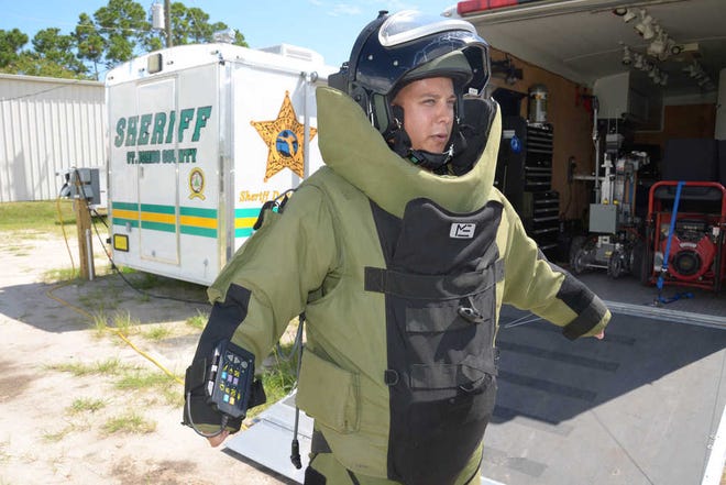 The St. Johns County Sheriff's Office bomb squad uses a heavy duty canister on a trailer to transport explosive devices. By PETER WILLOTT, peter.willott@staugustine.com