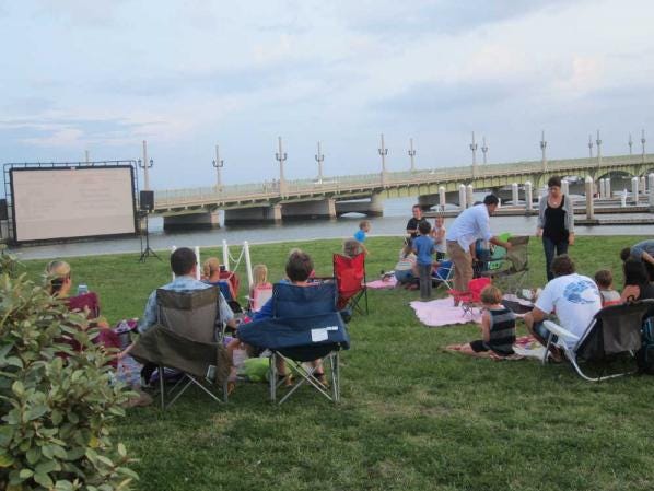 Photo shows a free movie on the bayfront earlier this summer. "Despicable Me" will be on screen Aug. 14 during the Back to School Bash at the St. Augustine Municipal Marina.