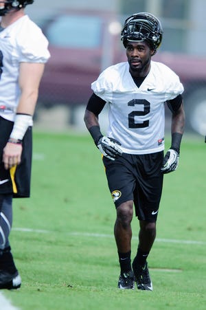 Missouri’s L’Damian Washington, shown here during an Aug. 1 practice, and the rest of the receiving corps hope to use their size to create mismatches against defensive backs.