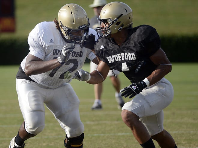 Tony Goodwin (72) will start at left tackle for Wofford, but much of the Terriers' offensive line remains uncertain.