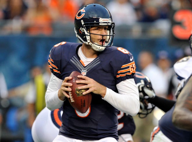 Chicago Bears quarterback Jay Cutler (6) looks for a receiver during the first half of a preseason NFL game against the San Diego Chargers, Thursday, Aug. 15, 2013, in Chicago. (AP Photo/Jim Prisching)