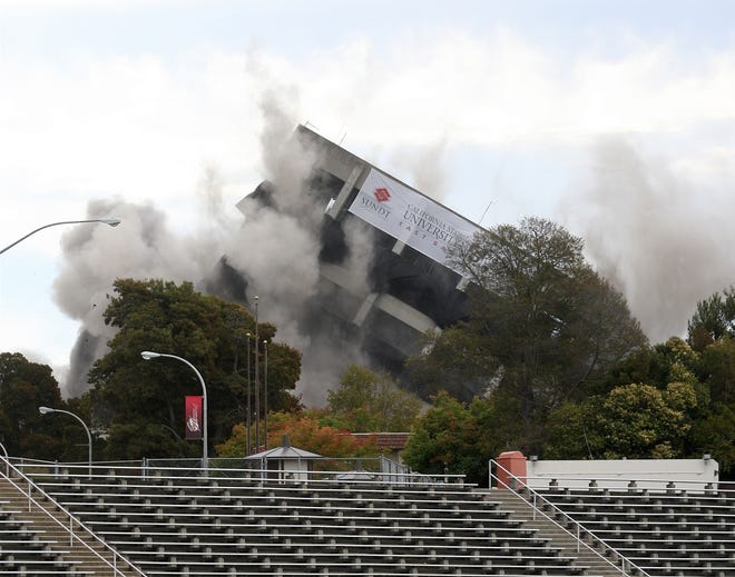 Warren Hall implodes Saturday on the campus of Cal State East Bay in 
Hayward, Calif.AP PHOTO / JOSIE LEPE