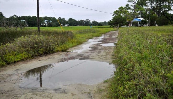 Steve Bisson/Savannah Morning News - The City of Tybee Island along with residents Michael and Karen Leonard are trying to get permission to raise Polk Street Extension. The road is sometimes impassable at high tide.