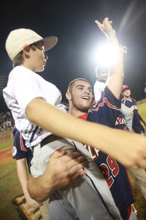 Brooklawn, N.J., players celebrate winning the American Legion World Series in Shelby on Tuesday.