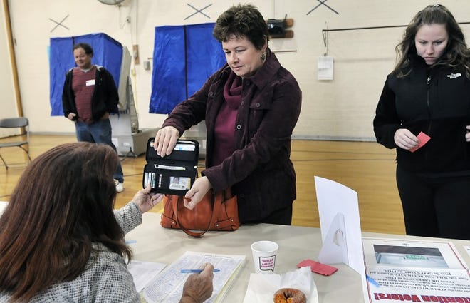 Shari Frost is more than happy to show her ID to a poll worker before voting even though it is optional in this year's election at Samuel Everett Elementary School in Middletown Tuesday