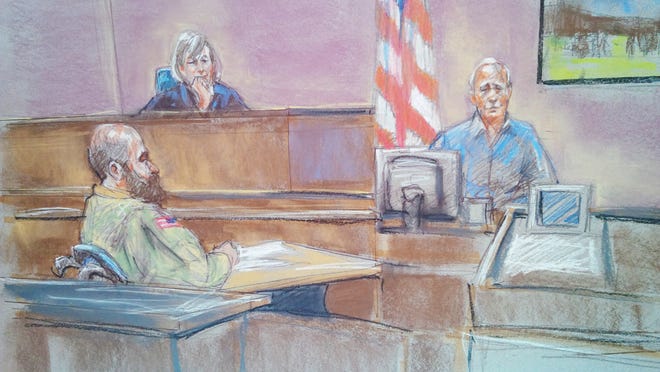 In this courtroom sketch defense witness Stephen Bennett, right, testifies as Maj. Nidal Malik Hasan, left, and presiding judge Col. Tara Osborn look on in court during Hasan's court-martial on Tuesday in Fort Hood, Texas.