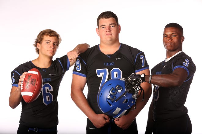 Lakeland Christian has a wealth of talent at key positions. From left, Brad Peace plays wide receiver. Cody Averitt will play on both sides of the line and can bench 400 pounds. T.J. Simmons is an explosive running back who is returning from a season-ending injury last season.