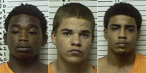 This combination made with booking photos provided by the Stephens County, Okla., Sheriffs Department, shows, from left, James Francis Edwards Jr., 15, Michael Dewayne Jones, 17, and Chancey Allen Luna, 16, all of Duncan, Okla. The three teenagers have been charged in connection with the killing of 22-year-old Australian collegiate baseball player Christopher Lane, 22. Luna and Edwards were charged with first-degree murder and, under Oklahoma law, will be tried as adults. Jones was accused of using a vehicle in the discharge of a weapon and accessory to first-degree murder after the fact. He is considered a youthful offender but will be tried in adult court. (AP Photo/Stephens County Sheriffs Department)
