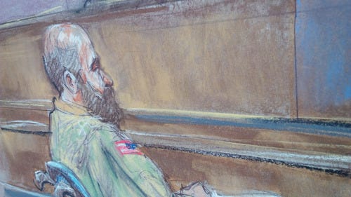 THE ASSOCIATED PRESS In this courtroom sketch, Maj. Nidal Malik Hasan sits in court for his court martial in Fort Hood, Texas, on Tuesday.