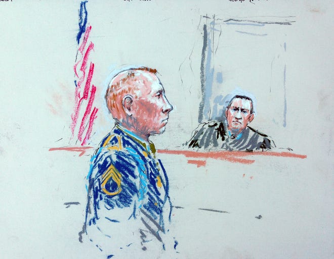 In this courtroom sketch, Staff Sgt. Robert Bales, left, appears before Judge Col. Jeffery Nance in a courtroom at Joint Base Lewis-McChord, Wash. on Tuesday, Aug. 20, 2013, during a sentencing hearing in the slayings of 16 civilians killed during pre-dawn raids on two villages on March 11, 2012. Haji Mohammad Naim, an Afghan farmer shot during a massacre in Kandahar Province last year, took the witness stand Tuesday against Bales, who attacked his village, cursing him before breaking down and pleading with the prosecutor not to ask him any more questions. (AP Photo/Peter Millett)
