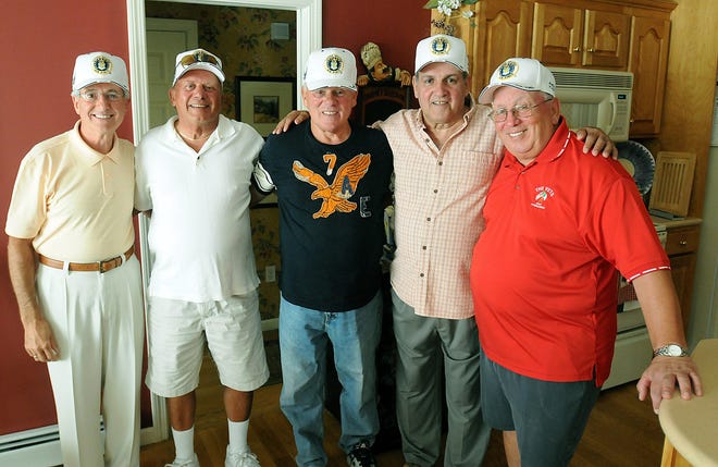 Lifelong friends that all served in the Air Force reunite in Milford, Wednesday. From left, Joseph "Buster" D'Amico, Warren Visconti, George Vandel, Frank Tieuli and Charlie Tomaso.