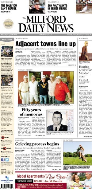 front page, Milford Daily News, Aug. 22, 2013