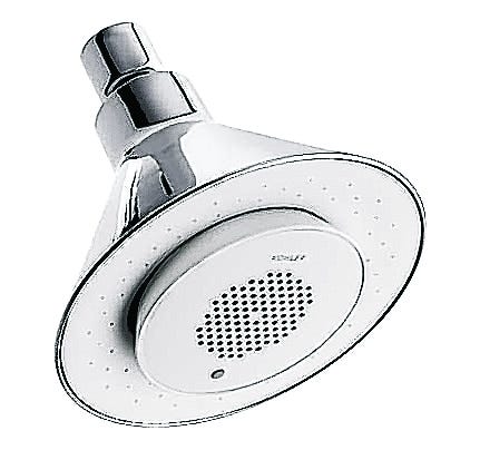 A Moxie showerhead in chrome with an integrated speaker.AP PHOTO / KOHLER 
CO.