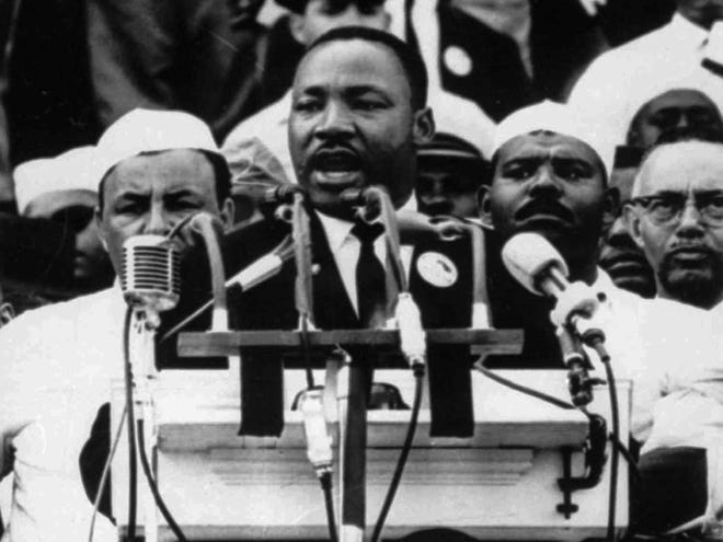 Dr. Martin Luther King Jr. addresses marchers during his “I Have a Dream” speech at the Lincoln Memorial in Washington on Aug. 28, 1963.