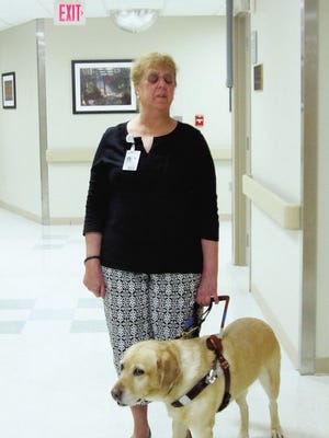 BRIAN J. LOWNEY/Standard-Times special
Sandy Furtado with her sight dog Avalon at Charlton Memorial Hospital. Furtado credits the dog’s training for her independence and calls the yellow Labrador retriever “my eyes.”