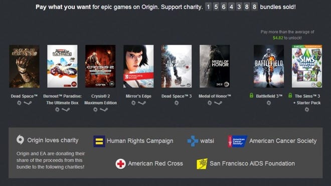 A recent “Humble Origin Bundle,” featuring games from Electronic Arts and a pay-what-you-wish payment model, is the latest example of a “Humble Bundle.” These are collection of bundled digital games, music or ebooks sold with proceeds going to charity or to indie artists and developers.