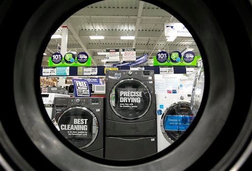 FILE - In this Monday, Sept. 10, 2012 file photo, dryers are seen from the inside of another clothes' dryer, foreground, at a Lowe's store, in Framingham, Mass. The Commerce Department reports on business orders for durable goods in July, on Monday, Aug. 26, 2013 (AP Photo/Steven Senne, File)