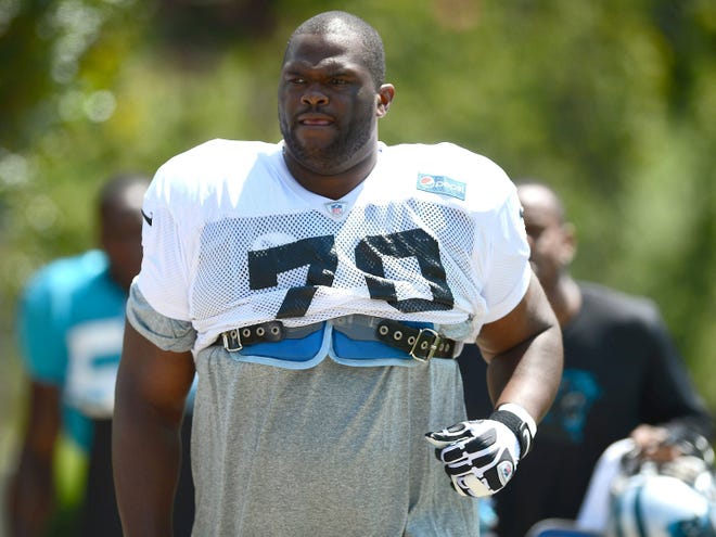 Carolina Panthers guard Travelle Wharton practices with the team on Monday in Charlotte, N.C.