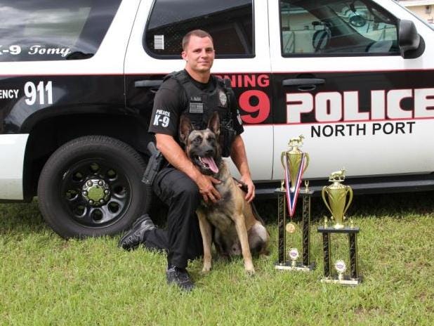 North Port Police Officer Keith Bush and police dog Tomy will show their skills at a national competition next month.