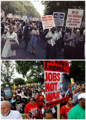 In this combination of Associated Press file photos, at top, in this file photo, a large crowd marches for civil rights in Washington on Aug. 28, 1963. At bottom, demonstrators march toward the Martin Luther King Jr. Memorial during a rally to commemorate the 50th anniversary of the 1963 march on Saturday.
