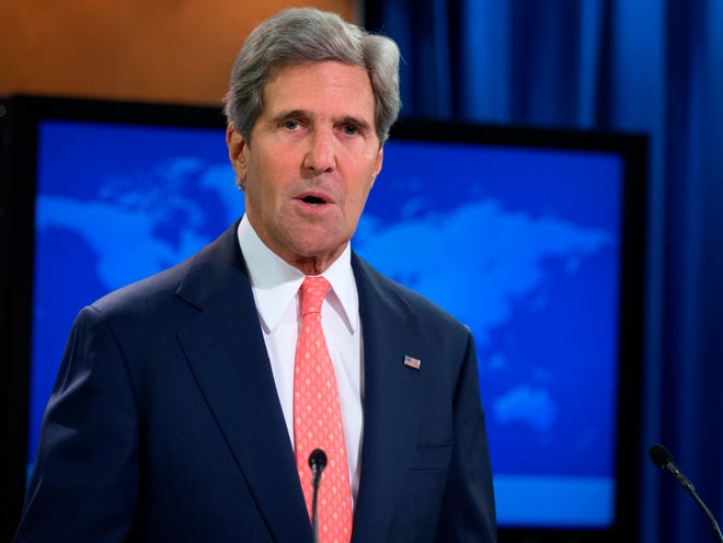 Secretary of State John Kerry speaks at the State Department in Washington, Monday about the situation in Syria. Kerry said chemical weapons were used in Syria, and accused Assad of destroying evidence. (AP Photo/Manuel Balce Ceneta)
