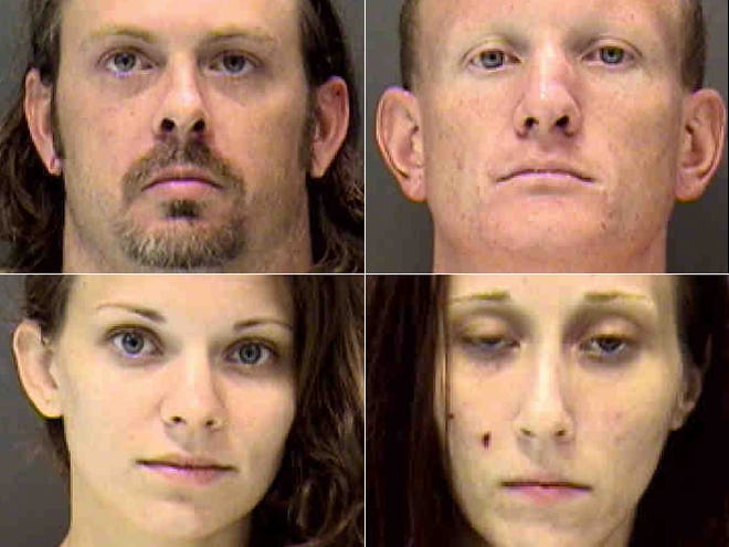 Clockwise from upper left: Jason Ward, 31, Eric Boucher, 25, Jessica Grote, 27, and Alycia Hatfield, 23, were all charged with possession of chemicals and trafficking more than 200 grams of methamphetamine. (Provided by Sarasota County Sheriff's Office)