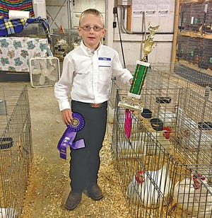 Seven-year-old Cale Maciag won the Grand Prize for meat chickens at the Chippewa County Fair in Kinross on Monday. Maciag is a second grader at Pickford school.