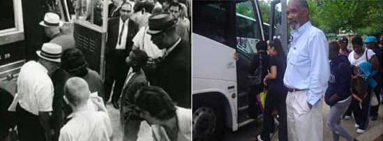 Left: Nine-year old John McCrea III and his uncle James Allison watch as some of the 157 Rhode Islanders traveling by bus to the March on Washington get ready to embark on March 27, 1963. Right, 50 years later, John McCrea III greets buses in Washington, D.C., for Wednesday's commemoration.