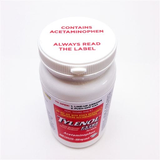 This undated product image provided by Johnson & Johnson shows a bottle of Extra Strength Tylenol bearing a new warning label on the cap alerting users to potentially fatal risks of taking too much of the pain reliever. Johnson & Johnson, the company that makes Tylenol, says the warning will appear on the cap of new bottles of Extra Strength Tylenol sold in the U.S. starting in October 2013 and on most other Tylenol bottles in coming months. (AP Photo/Johnson & Johnson)