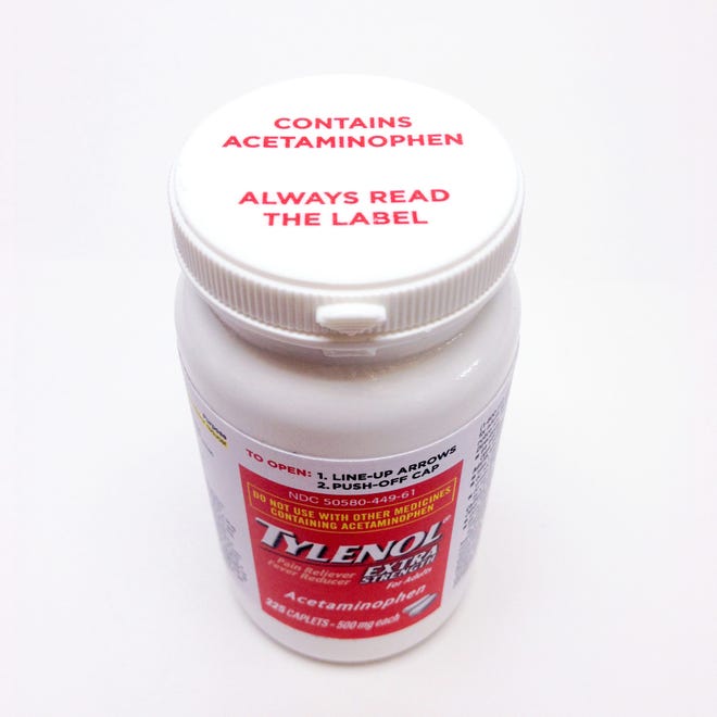 This undated product image provided by Johnson & Johnson shows a bottle of Extra Strength Tylenol bearing a new warning label on the cap alerting users to potentially fatal risks of taking too much of the pain reliever. Johnson & Johnson, the company that makes Tylenol, says the warning will appear on the cap of each new bottle of Extra Strength Tylenol sold in the U.S. in October 2013 and on all other Tylenol bottles in coming months.