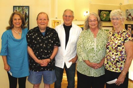 Winners of AGK Annual Awards Exhibition, "Best of the Best," from left,: Ann Legg, first place acrylic; David Crook, first place photography; Mike Maron, first place watercolor; Susan Colburn Motta, first place mixed media; and Joan Cope Sutter, first place oil. Not shown: Peter Hoff, "Best in Show," and Wolfgang Ertl, first place pastel.