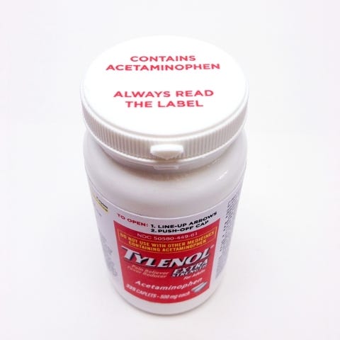 THE ASSOCIATED PRESS This undated product image provided by Johnson & Johnson shows a bottle of Extra Strength Tylenol bearing a new warning label on the cap alerting users to potentially fatal risks of taking too much of the pain reliever. Johnson & Johnson, the company that makes Tylenol, says the warning will appear on the cap of each new bottle of Extra Strength Tylenol sold in the U.S. in October 2013 and on all other Tylenol bottles in coming months. (AP Photo/Johnson & Johnson)