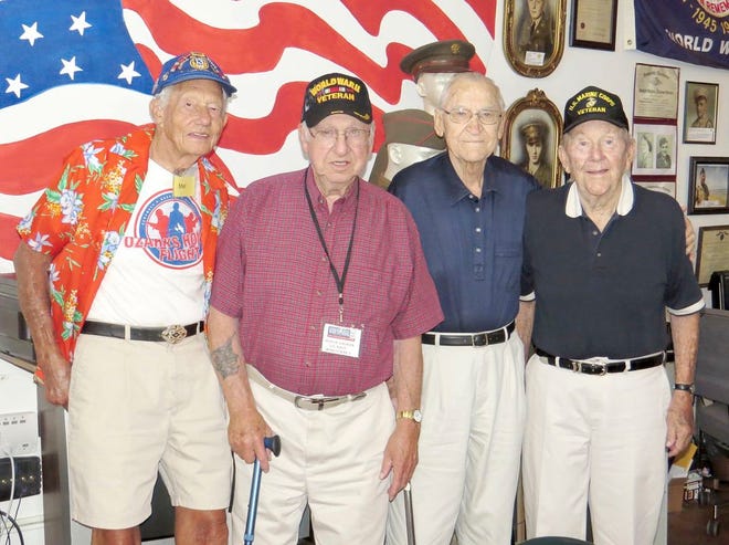 Four World War II veterans, Melvin Lay, left, along with Rollie Gagnon, Willis Harms and Bill Hall, will be riding in the Threshermen’s Reunion Parade Sunday.