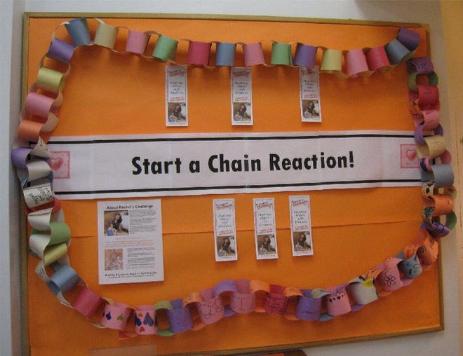 As one of the community partners working to bring Rachels Challenge to our area, the Wayne County Library System has been encouraging children to write or draw an act of kindness on a paper circle used to form a chain. The chain is currently displayed at the library in Honesdale.