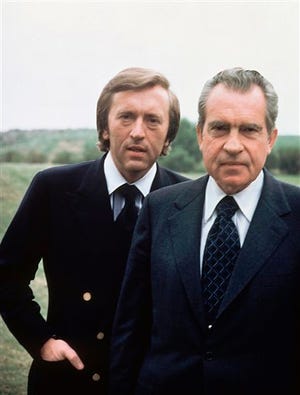 File - Former US President Richard M. Nixon, right, with broadcaster David Frost in California in this 1977 file photo. Sir David Frost has died at the age of 74 his family said in a statement Sunday Sept. 1 2013. (AP Photo, file)