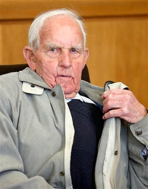 Siert Bruins , 92-year-old former member of the Nazi Waffen SS, sits in the courtroom of the court in Hagen, Germany, Monday, Sept. 2, 2013. Dutch-born Siert Bruins, who is now a German, is on trial on allegations he executed a Dutch resistance fighter in 1944. Bruins, who volunteered for the SS after the Nazis took the Netherlands in 1941, already served time in Germany in the 1980s after being found guilty in the wartime killing of two Dutch Jews.