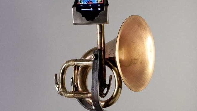 Locke makes several models of his “Analog Tele-Phonographers” using old trumpets, trombones, sousaphones and any other horns he can find.