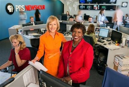 Judy Woodruff, left, and Gwen Ifill, in the newsroom of "PBS Newshour," are the first women to co-anchor a national daily news program on television.
