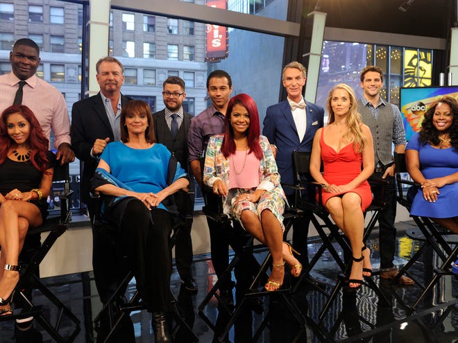 Standing from left, NFL wide receiver Keyshawn Johnson, comic Bill Engvall, TV personality Jack Osbourne, actor Corbin Bleu, Bill Nye, the "Science Guy," actor Brant Daugherty, and seated from left, TV personality Nicole "Snooki" Polizzi, actress Valerie Harper, singer-actress Christina Milian, actress Elizabeth Berkley and actress Amber Riley on "Good Morning America," Wednesday. These 11 celebrities, along with actress Leah Remini, will be the next celebrity contestants on the dance competition series "Dancing with the Stars," premiering Sept. 16.