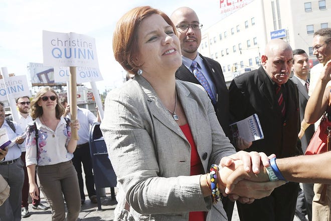 New York City Democratic mayoral hopeful and City Council Speaker Christine Quinn greets a voter during a campaign stop in the Bronx borough of New York on Sept. 5. The Democratic primary election is Tuesday. AP PHOTO/MARY ALTAFFER