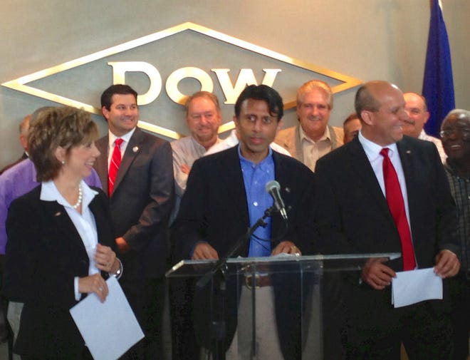 Governor Bobby Jindal speaks at The Dow Chemical Company's announcement of a $1.06 billion investment in a pair of new polyolefins plants on Aug. 27. 
COURTESY PHOTO/Scott Gleason