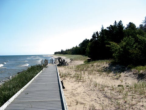 Lake Superior shoreline and sand dunes viewed from the Crisp Point Lighthouse.