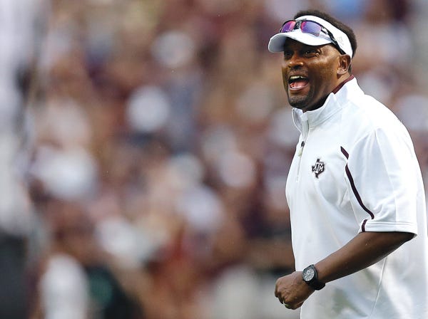 Texas A&M head coach Kevin Sumlin will have all players off suspension Saturday when the Aggies host Alabama.
(David J. Phillip | Associated Press)