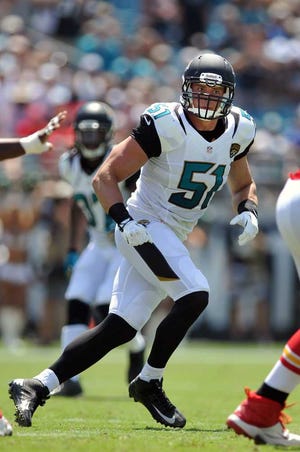 Jacksonville Jaguars middle linebacker Paul Posluszny (51) pursues a play during the first half of an NFL football game against the Kansas City Chiefs in Jacksonville, Fla., Sunday, Sept. 8, 2013.(AP Photo/Stephen Morton)