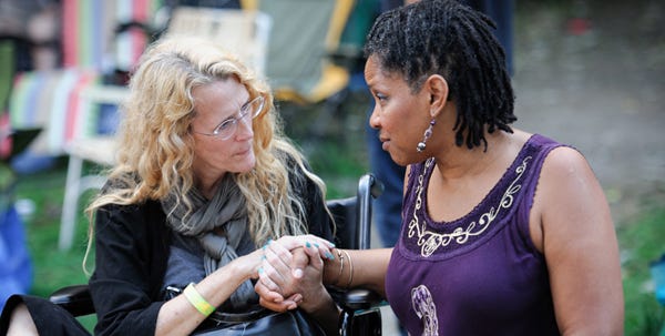 Ross Township shooting victim Linda Kozic left, chats with jazz singer Najwa Parkins at Sunday's Celebration of the Arts festival in Delaware Water Gap. Kozic is the widow of musician Jerry Kozic, one of three people killed by a gunman at the Aug. 5 Ross Township supervisors' meeting. She was shot in her left leg and faces a lengthy rehabilitation and more surgeries.
Kozic received $7,500 in donations raised by the Phil Woods Festival Orchestra and Doug Metzgar's Out On A Limb Concert and Picnic, as well as through wristband sales and donations made Jazz Mass at Sunday's festival.