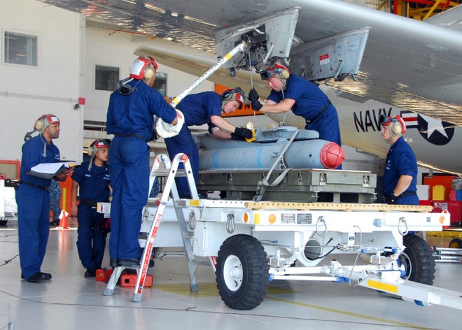 Aviation ordnancemen at VP-8 load an inert training weapon onto a P-3C Orion on Aug. 28 during the squadron's Conventional Weapons Technical Proficiency Inspection (CWTPI).