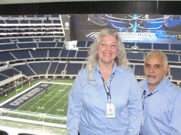 Connie Beaver, left, and Leon Leal will work the Super Bowl in the suites. They have worked the suites at Dallas Cowboys game for the past 12 years. PHOTO PROVIDED   ORG XMIT: 1102032100036498