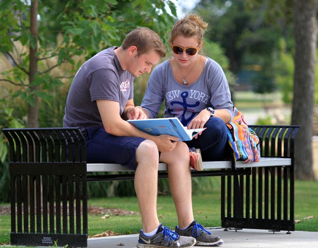 Jamie Mitchell Times Record - Joel Owen, left, helps Michael McGrew, a UAFS sophmore, study for a test, Sunday, September 15, 2013, in the park on the UAFS campus. According to the national weather service, the area can expect highs in the lower 90's and lows in the upper 60's throughout the week with only a slight chance of rain. 
 Jamie Mitchell Times Record - Joel Owen, left, helps Michael McGrew, a UAFS sophmore, study for a test, Sunday, September 15, 2013, in the park on the UAFS campus. According to the national weather service, the area can expect highs in the lower 90's and lows in the upper 60's throughout the week with only a slight chance of rain.