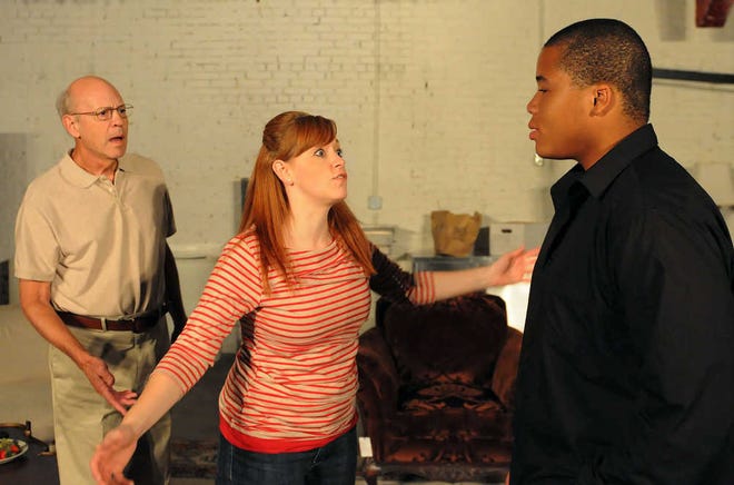 In the Ad Astra Theatre Ensemble's world premiere of local playwright Darren Canady's "Hardtland," Mel Hardt (Kellie Degenhardt), middle, confronts both her father, C.J. (Doug Goheen), left, and fiance Brad Knox (Corey Jackson). The play opens Thursday at Warehouse 414, 414 S.E. 2nd.