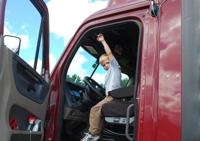 Gavin Hopwood, 5, of Cornish, tests the airhorn on Hannaford’s Freightliner at the annual “Touch-a-Truck” event sponsored by the Limerick-Newfield Lions Club at the Limerick Airfield on Saturday, Sept. 14.
